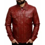 maroon trucker jacket front maroon trucker jacket front