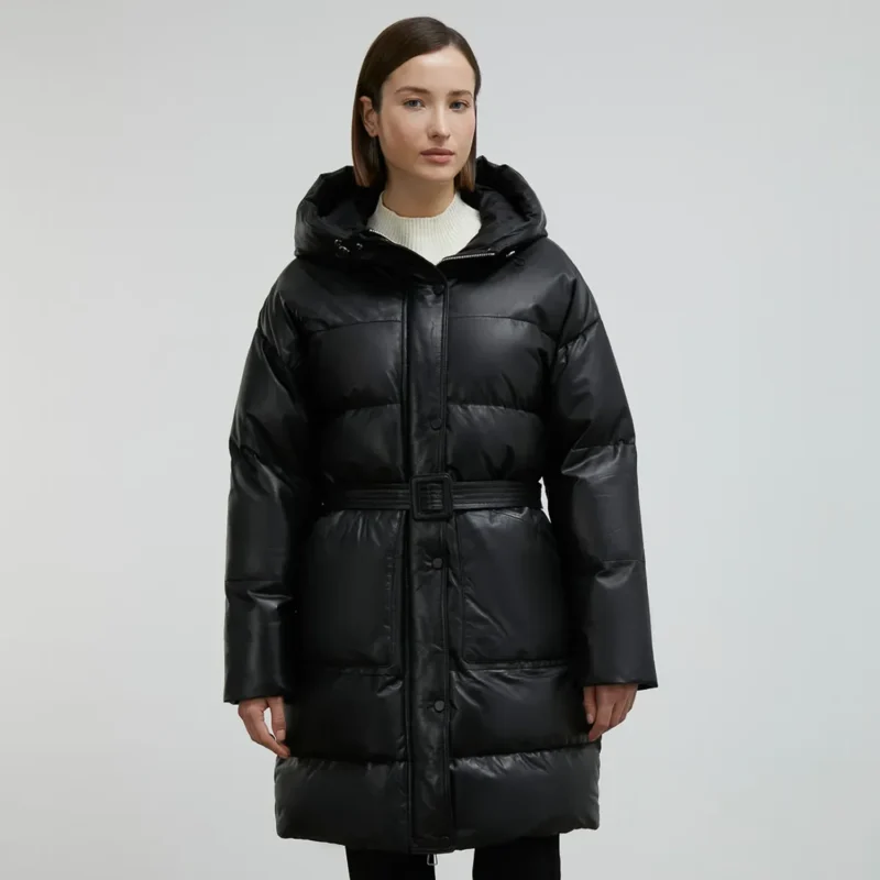 women's black long puffer coat Front