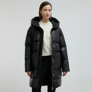 women's black long puffer coat Front Open