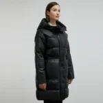 women's black long puffer coat Left