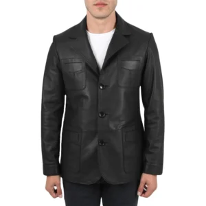 Black Mens Leather Blazer Front