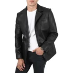 Black Mens Leather Blazer Front Open