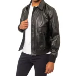 Black Men's Leather Bomber Jacket Right Open Black Men's Leather Bomber Jacket Right Open