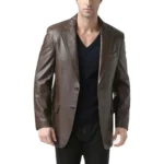 Dark Brown Leather Blazer Front Open Dark Brown Leather Blazer Front Open