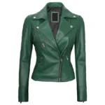 Green Leather Biker Jacket Womens Front Green Leather Biker Jacket Womens Front