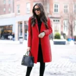 Womens Long Red Wool Coat Half Open