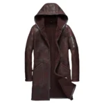 Mens Brown Hooded Sheepskin Shearling Leather Coat