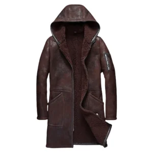Mens Brown Hooded Sheepskin Shearling Leather Coat