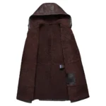 Mens Brown Hooded Sheepskin Shearling Leather Coat