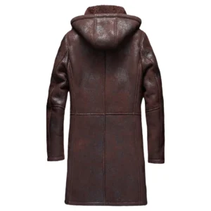 Mens Brown Hooded Sheepskin Shearling Leather Coat