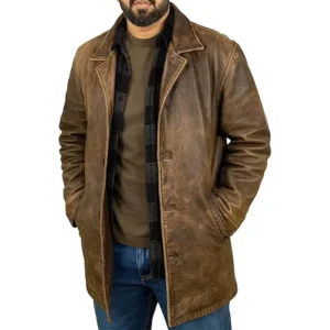 Distressed Leather 3/4 Length Brown Winter Car Coat