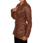 Asymmetrical Leather Biker Style Brown Jacket Side