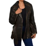 Asymmetrical Leather Biker Style Dark Brown Jacket Full