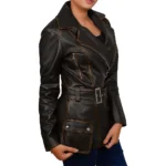 Asymmetrical Leather Biker Style Dark Brown Jacket side