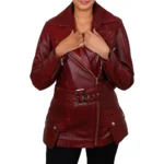 Asymmetrical Leather Biker Style Maroon Jacket