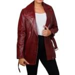 Asymmetrical Leather Biker Style Maroon Jacket Full