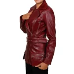Asymmetrical Leather Biker Style Maroon Jacket Side