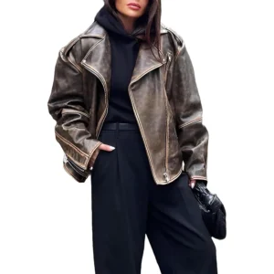 Baggy Distressed Brown Leather Jacket Front