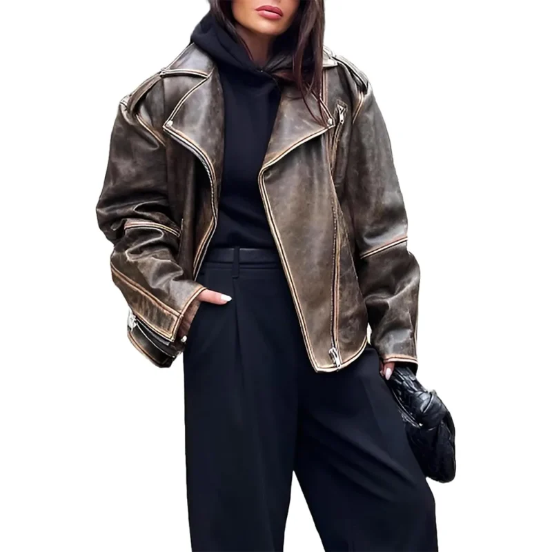 Baggy Distressed Brown Leather Jacket Front