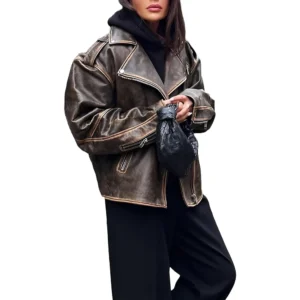 Baggy Distressed Brown Leather Jacket Side