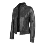 Black Cafe Racer Real Leather Jacket Front