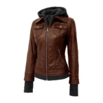 Buy Brown Womens Bomber Leather Removable Hooded Jacket For Sale