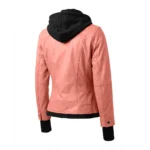 Buy Pink Bomber Leather Removable Hooded Jacket For Sale