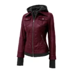 Buy Womens Maroon Bomber Leather Removable Hooded Jacket For Sale
