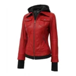 Buy Womens Red Bomber Leather Removable Hooded Jacket For Sale