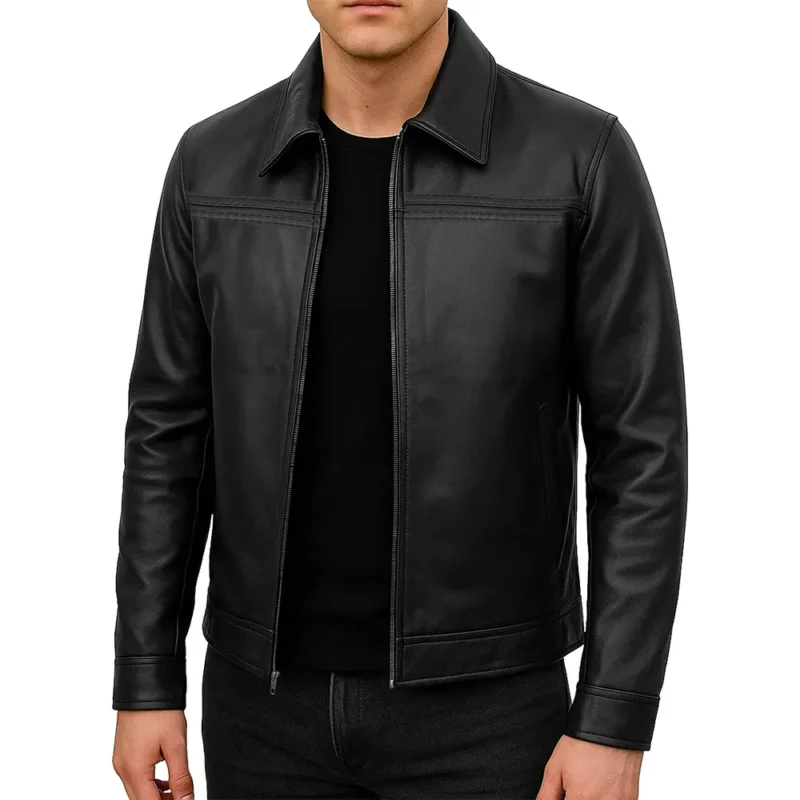 Mark Black Leather Shirt Collar Jacket