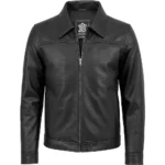 Mark Black Leather Shirt Collar Jacket For Sale