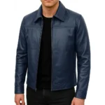 Mark Blue Leather Shirt Collar Jacket