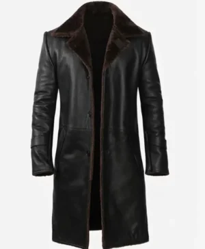 Men 3 4 Length Black Faux Shearling Leather Coat