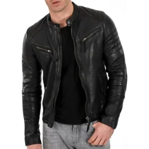 Men Quilted Black Leather Jacket