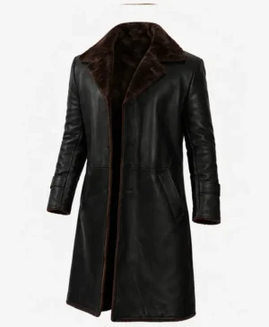 Men’s 3 4 Length Black Faux Shearling Leather Coat