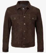 Men’s Dark Brown Real Suede Trucker Style Jacket front