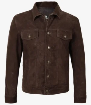 Men’s Dark Brown Real Suede Trucker Style Jacket front