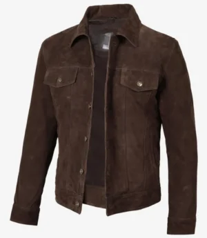 Men’s Dark Brown Real Suede Trucker Style Jacket side pose