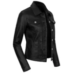 Women Black Trucker Jacket Side Women Black Trucker Jacket Side