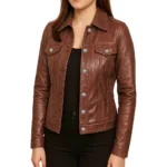 Women Cognac Dark Brown Trucker Jacket Women Cognac Dark Brown Trucker Jacket