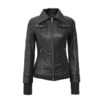 Womens Black Bomber Leather Removable Hooded Jacket