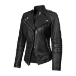 Women's Black Real Lambskin Leather Biker Jacket Front