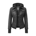 Womens Bomber Leather Removable Hooded Jacket