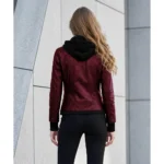 Womens Bomber Leather Removable Hooded Maroon Jacket