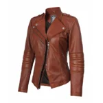 Women's Dark Brown Real Lambskin Leather Biker Jacket Front