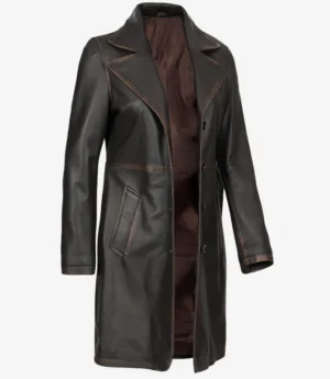 Women’s Distressed Brown Length Real Leather Coat side pose