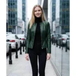 Womens Drowned Lambskin Genuine Leather Green Jacket