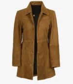 Women’s Length Button Down Brown Suede Coat