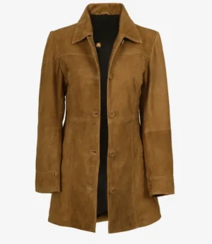 Women’s Length Button Down Brown Suede Coat