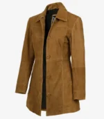 Women’s Length Button Down Brown Suede Coat side pose